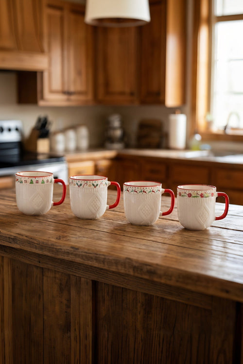 Set of 4 Aran Festive Print Bone China Gift Box Christmas Mug
