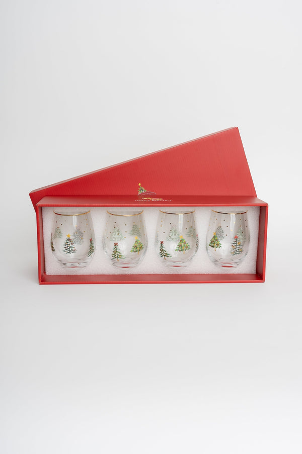 Carraig Donn Set Of 4 Gold Trim Christmas Tree & Delicate Star Stemless Wine Glasses