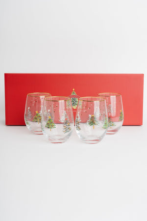 Carraig Donn Set Of 4 Gold Trim Christmas Tree & Delicate Star Stemless Wine Glasses