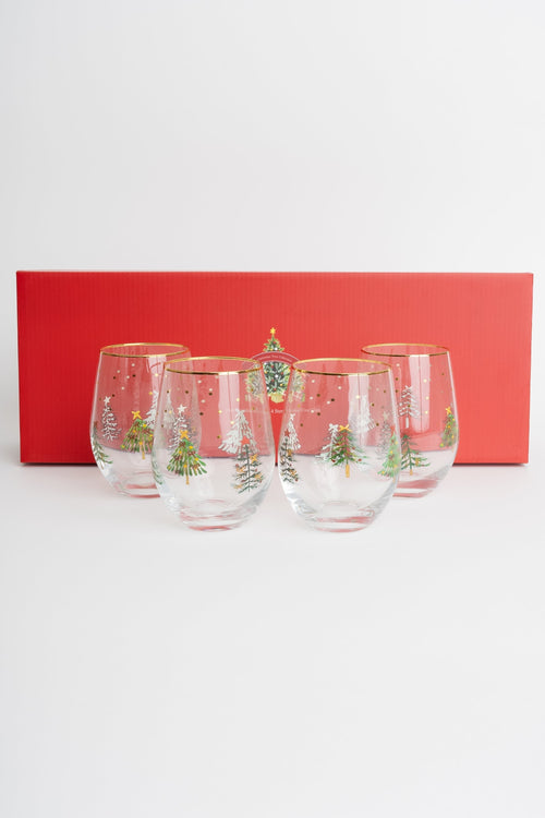 Set Of 4 Gold Trim Christmas Tree & Delicate Star Stemless Wine Glasses
