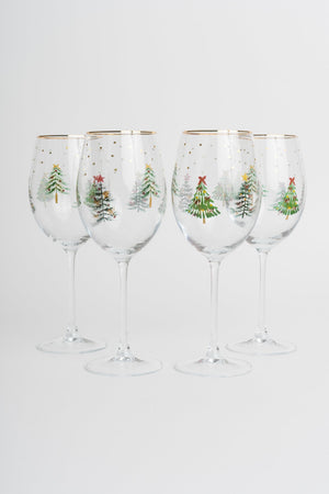 Carraig Donn Set Of 4 Gold Trim Christmas Tree & Delicate Star Wine Glasses