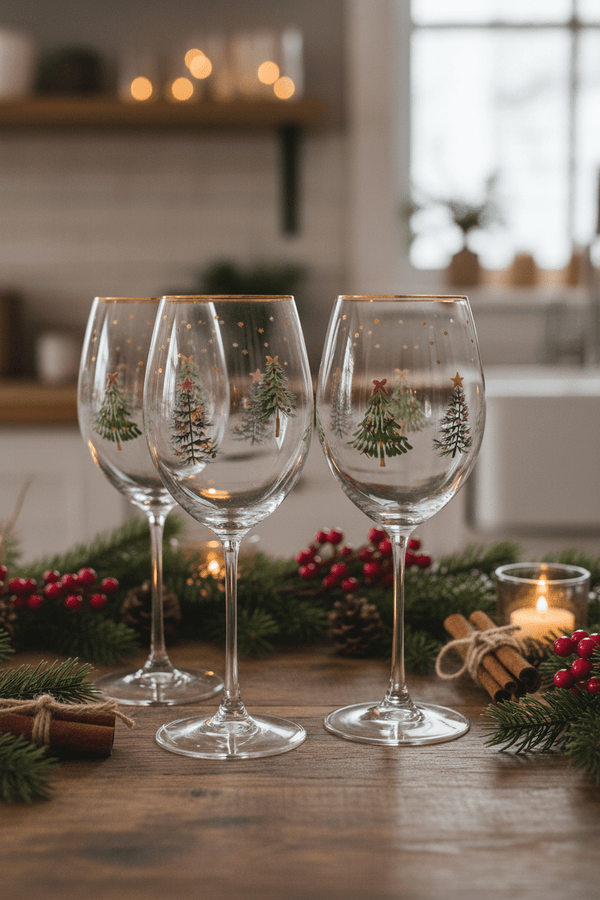 Carraig Donn Set Of 4 Gold Trim Christmas Tree & Delicate Star Wine Glasses