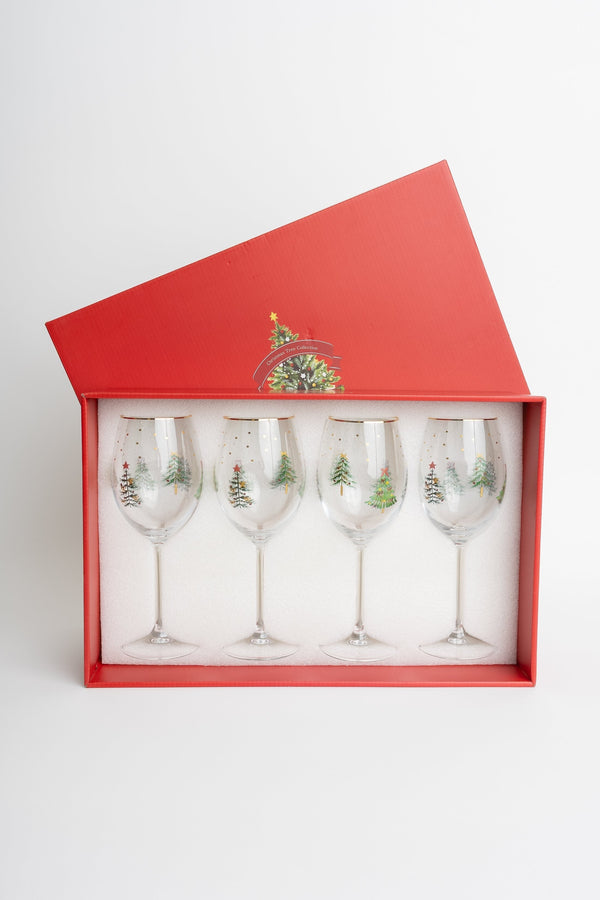 Carraig Donn Set Of 4 Gold Trim Christmas Tree & Delicate Star Wine Glasses
