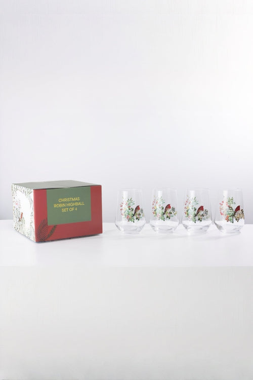 Set Of 4 Robin Christmas Highball Glasses