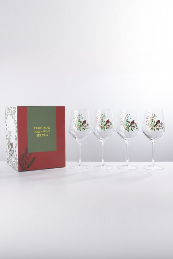 Carraig Donn Set Of 4 Robin Christmas Wine Glasses