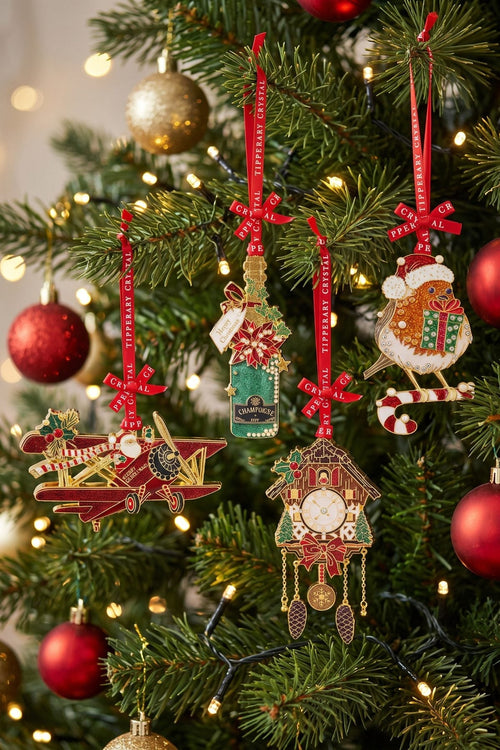 Set Of 4 Robin, Plane, Champagne Bottle & Cuckoo Clock Christmas Tree Decorations