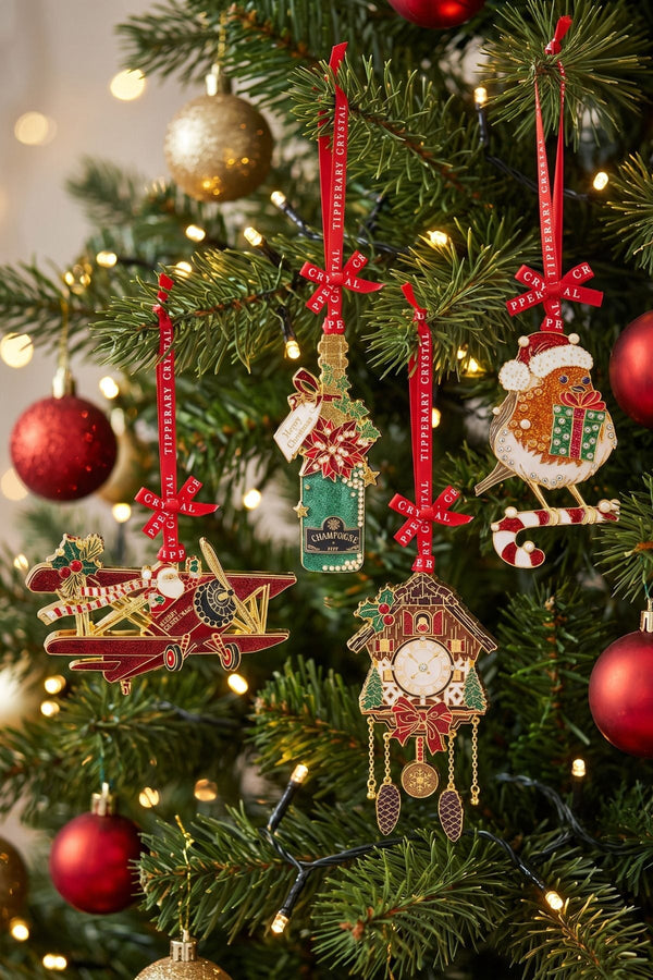 Carraig Donn Set Of 4 Robin, Plane, Champagne Bottle & Cuckoo Clock Christmas Tree Decorations