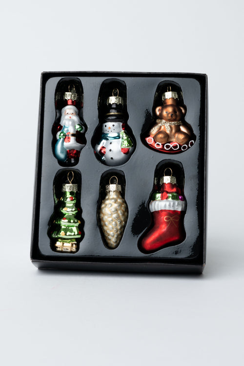 Set Of 6 Glass Novelty Christmas Tree Decorations