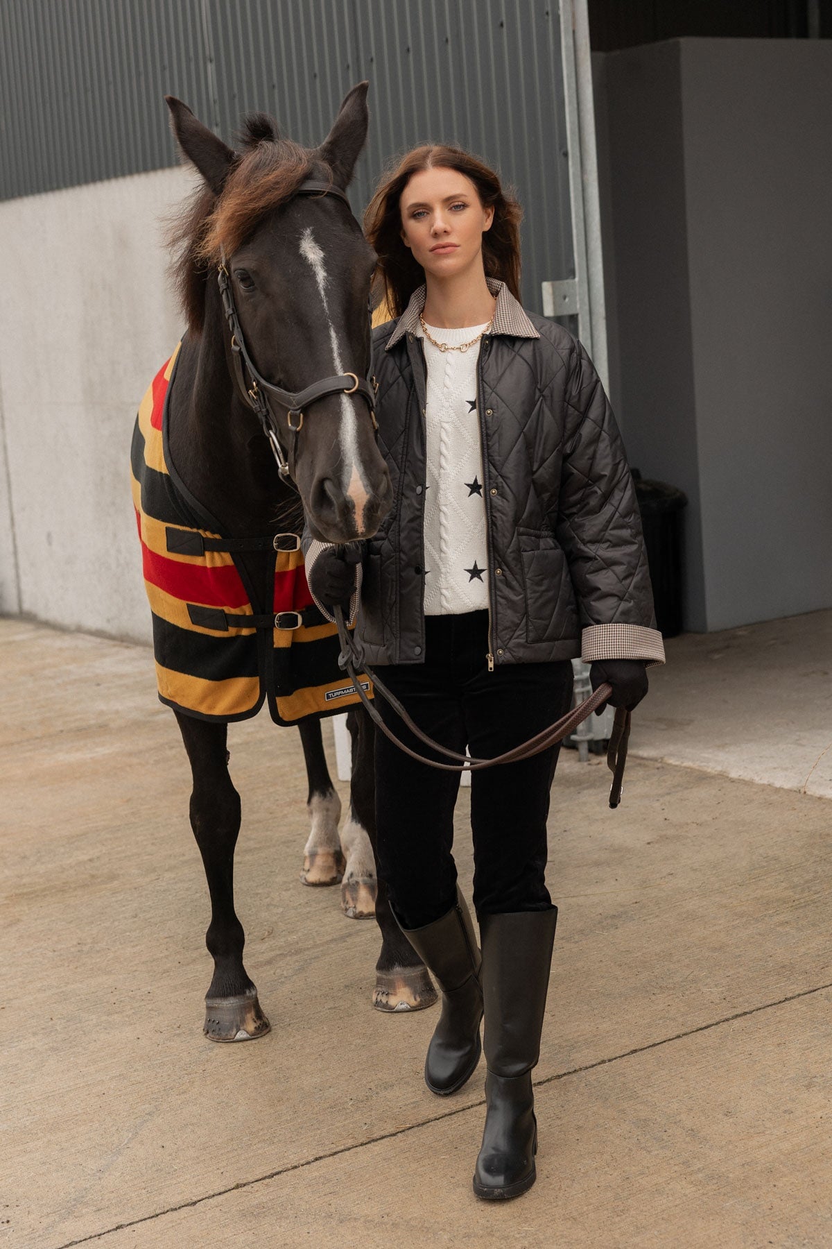 Black Short Padded Coat with Check Collar