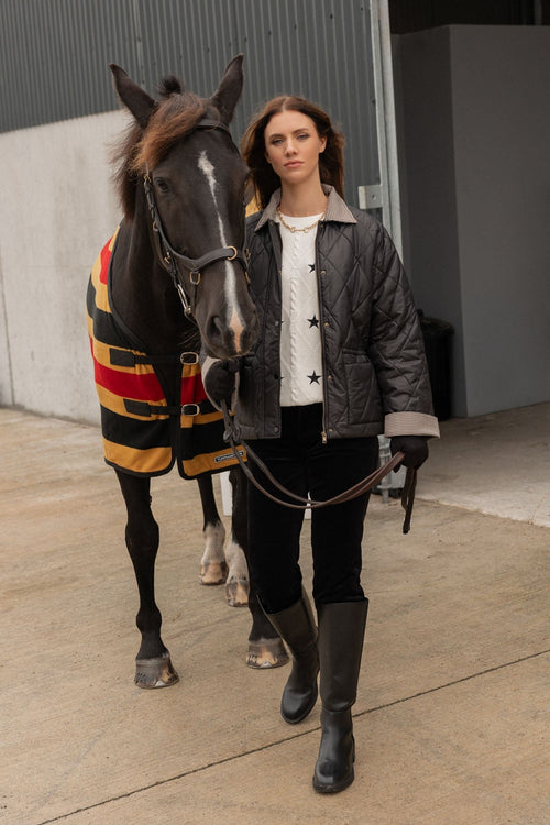 Black Short Padded Coat with Check Collar