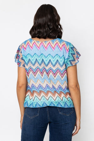 Carraig Donn Short Sleeve Blue Printed Blouse With Tie Neck