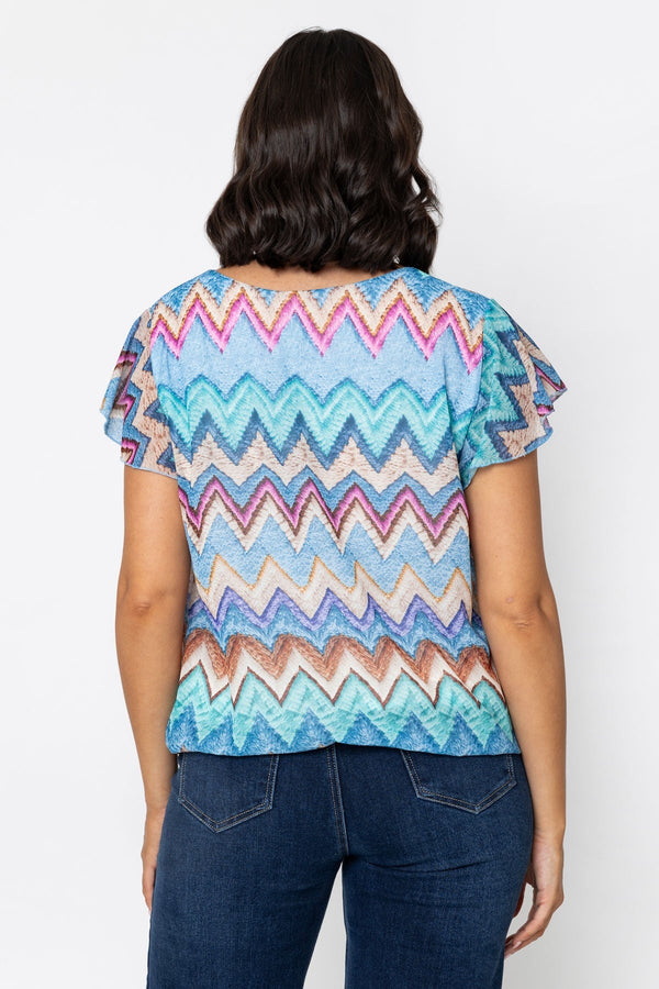 Carraig Donn Short Sleeve Blue Printed Blouse With Tie Neck