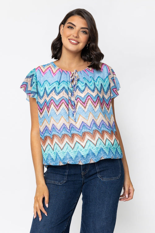 Short Sleeve Blue Printed Blouse With Tie Neck