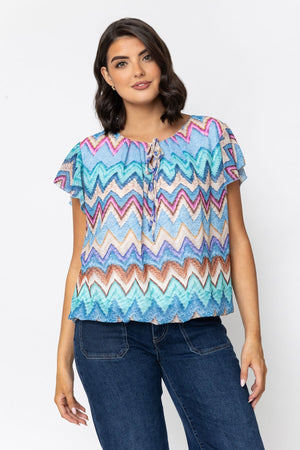 Carraig Donn Short Sleeve Blue Printed Blouse With Tie Neck