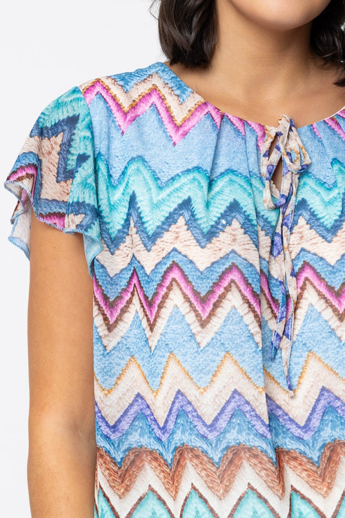Carraig Donn Short Sleeve Blue Printed Blouse With Tie Neck