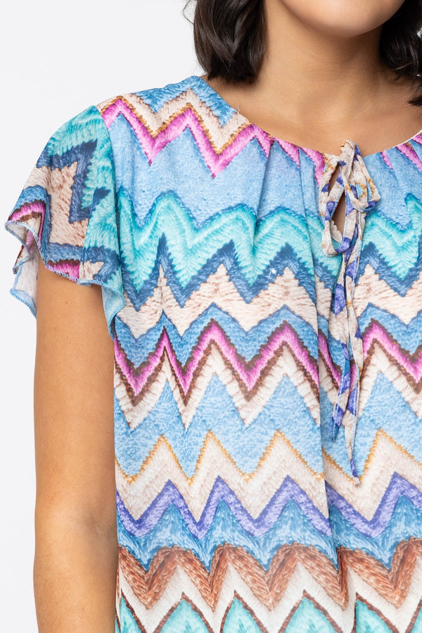 Carraig Donn Short Sleeve Blue Printed Blouse With Tie Neck