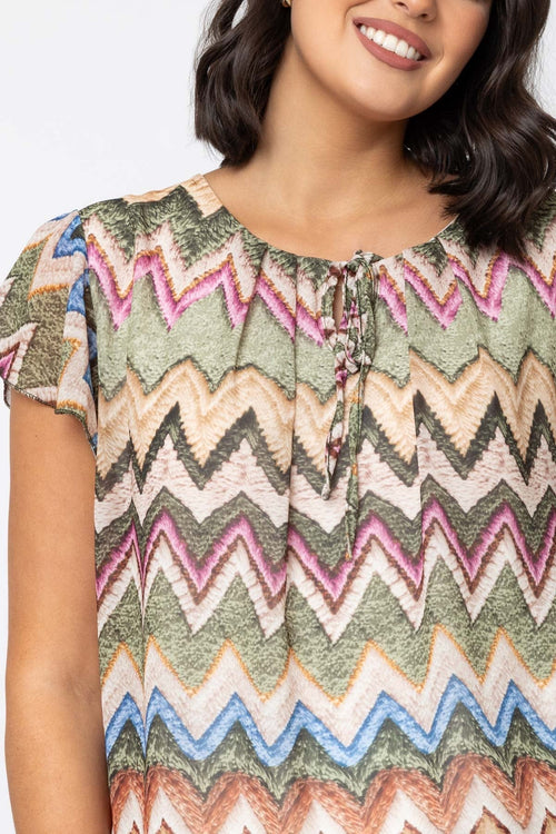 Carraig Donn Short Sleeve Khaki Printed Blouse With Tie Neck