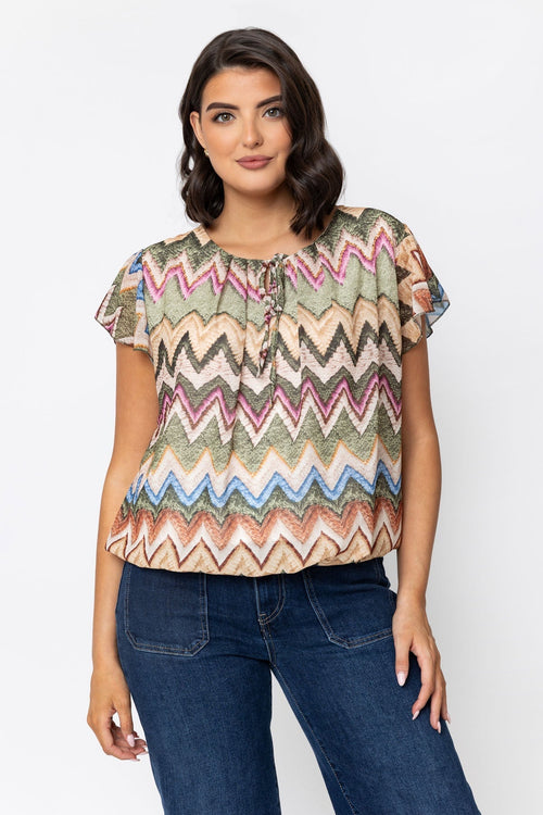 Short Sleeve Khaki Printed Blouse With Tie Neck