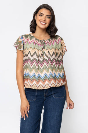 Carraig Donn Short Sleeve Khaki Printed Blouse With Tie Neck