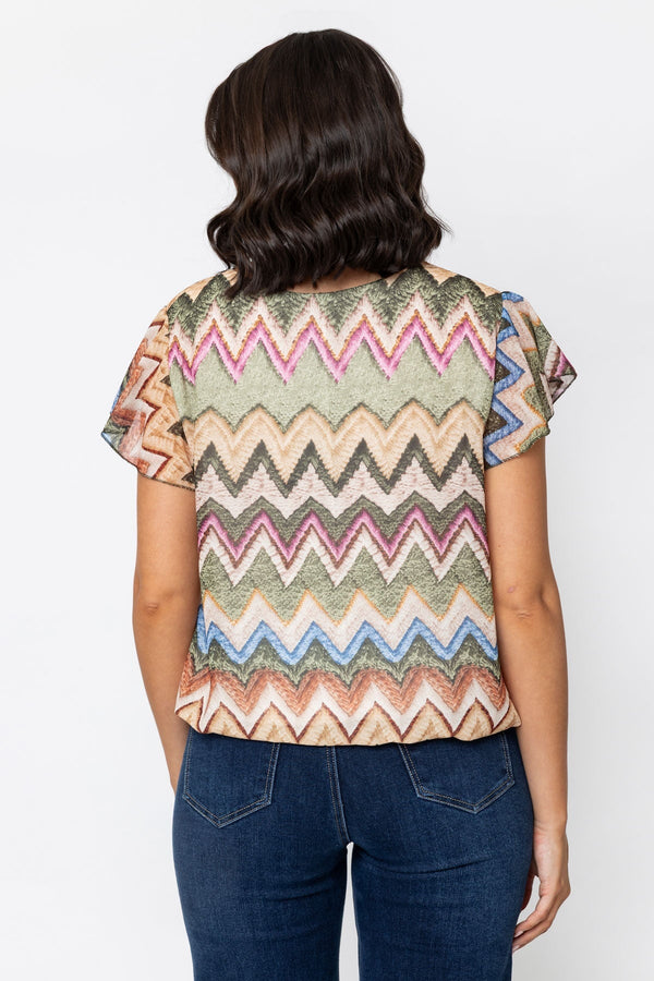 Carraig Donn Short Sleeve Khaki Printed Blouse With Tie Neck