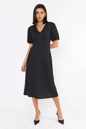 Carraig Donn Short Sleeve Polka Dot Midi Dress in Black