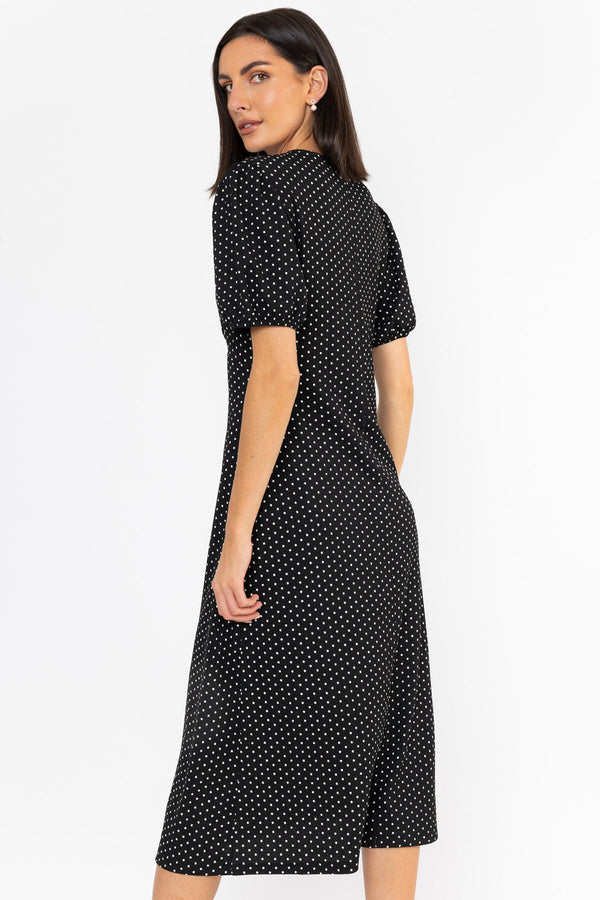 Carraig Donn Short Sleeve Polka Dot Midi Dress in Black