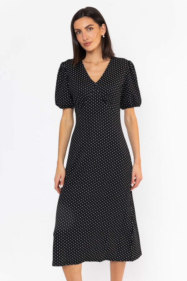 Carraig Donn Short Sleeve Polka Dot Midi Dress in Black