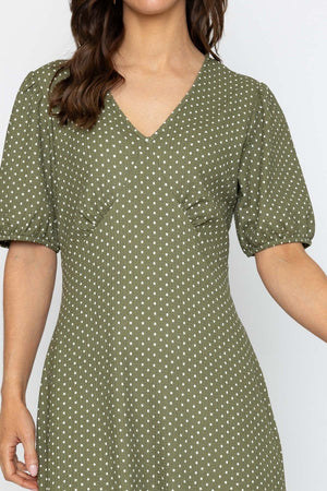 Carraig Donn Short Sleeve Polka Dot Midi Dress in Khaki