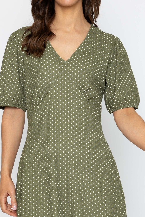 Carraig Donn Short Sleeve Polka Dot Midi Dress in Khaki