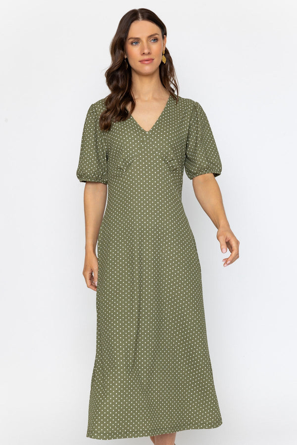 Carraig Donn Short Sleeve Polka Dot Midi Dress in Khaki