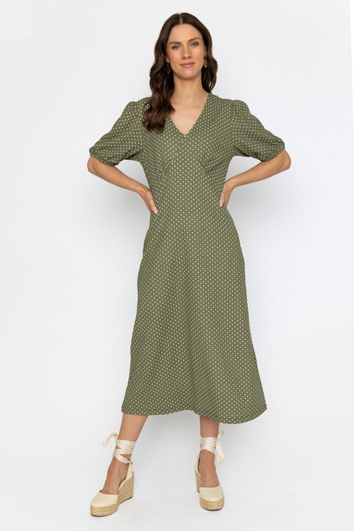 Short Sleeve Polka Dot Midi Dress in Khaki