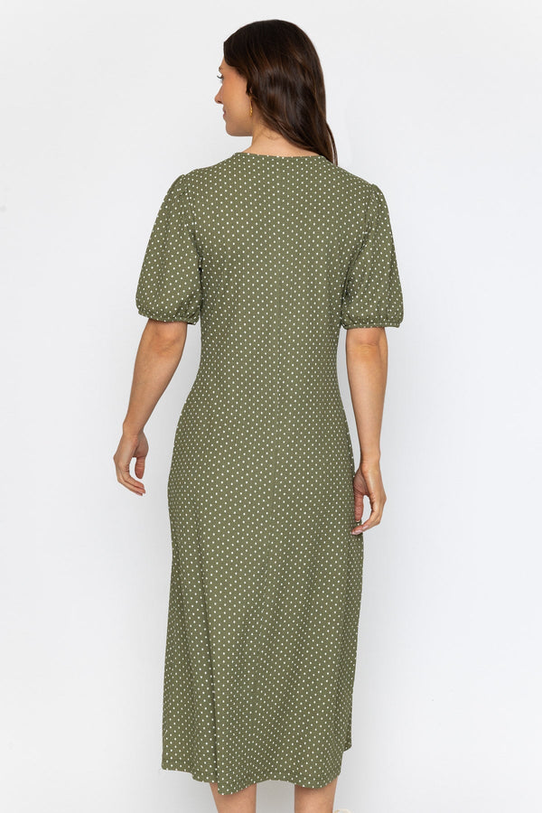 Carraig Donn Short Sleeve Polka Dot Midi Dress in Khaki