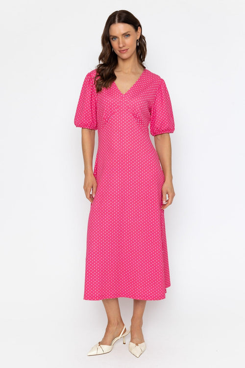 Short Sleeve Polka Dot Midi Dress in Pink