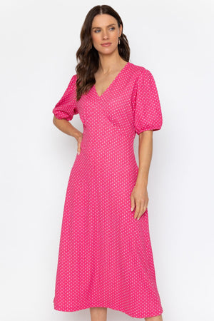 Carraig Donn Short Sleeve Polka Dot Midi Dress in Pink
