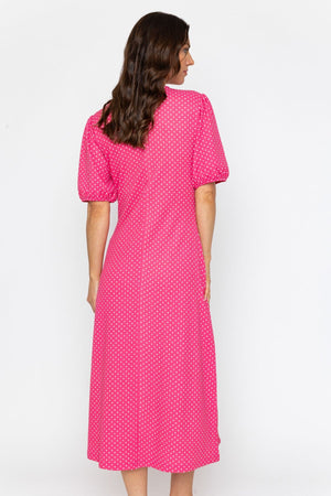 Carraig Donn Short Sleeve Polka Dot Midi Dress in Pink