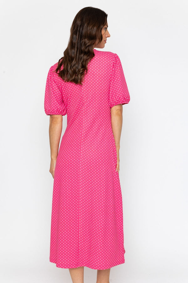 Carraig Donn Short Sleeve Polka Dot Midi Dress in Pink