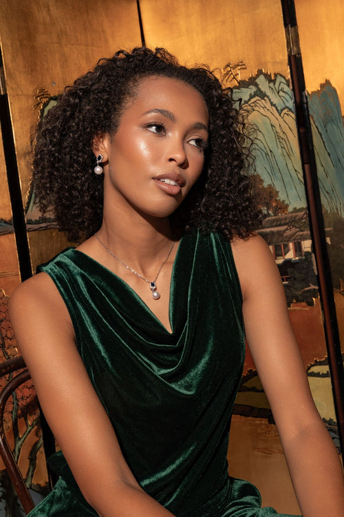 Silver Blue Stone & Faux Pearl Drop Pendant Necklace