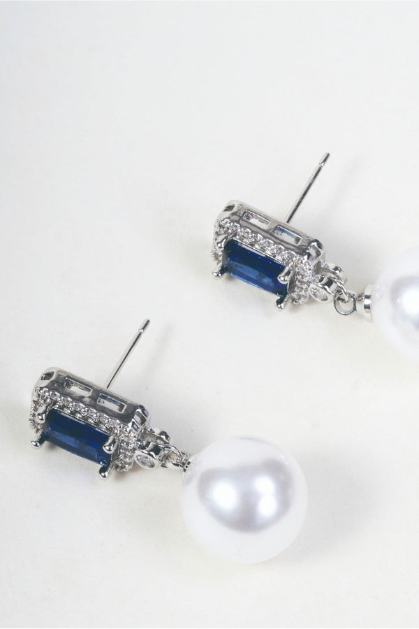 Carraig Donn Silver Blue Stone & Faux Pearl Drop Stud Earrings