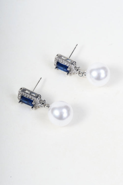 Silver Blue Stone & Faux Pearl Drop Stud Earrings