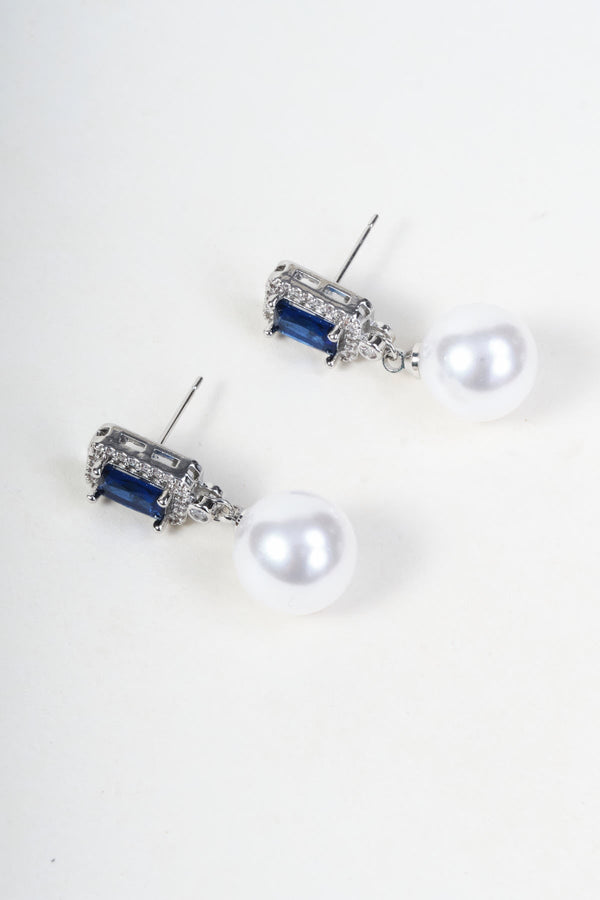 Carraig Donn Silver Blue Stone & Faux Pearl Drop Stud Earrings
