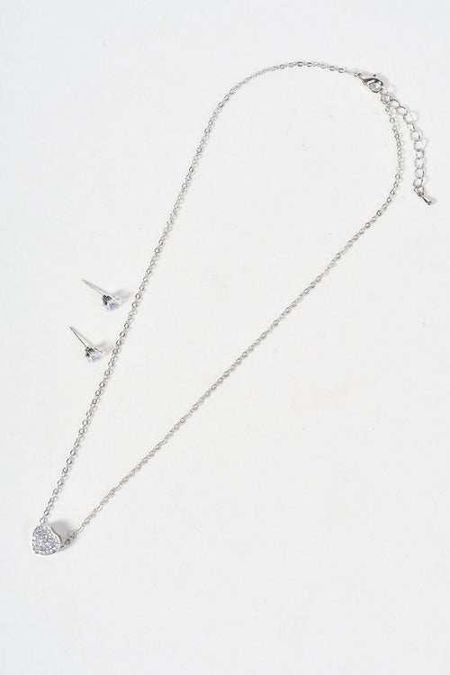Silver Micro Pave Heart Pendant Necklace & Earring Set