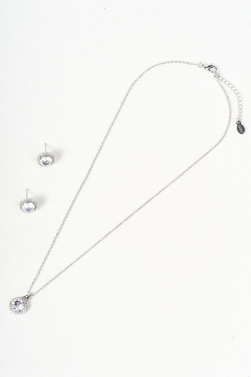 Silver & Clear Stone Round Pendant Necklace & Earring Set