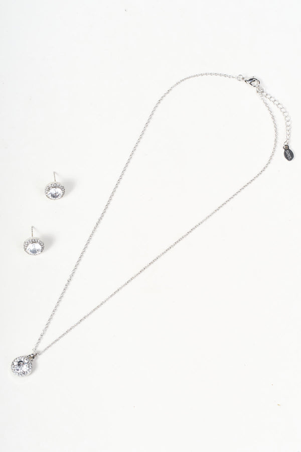 Carraig Donn Silver & Clear Stone Round Pendant Necklace & Earring Set