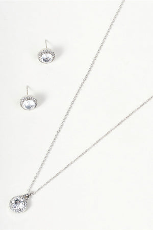 Carraig Donn Silver & Clear Stone Round Pendant Necklace & Earring Set