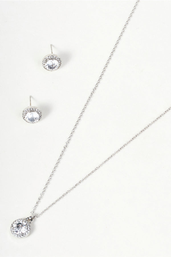 Carraig Donn Silver & Clear Stone Round Pendant Necklace & Earring Set
