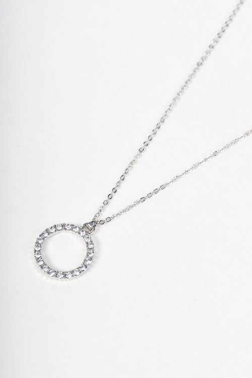 Silver & Clear Stone Round Pendant Necklace
