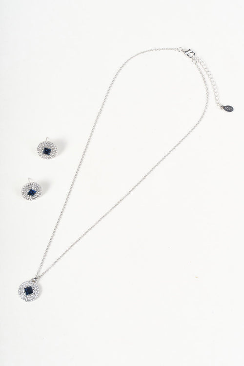 Silver Dark Blue Gemstone Lozenge Cut Pendant Necklace & Earring Set