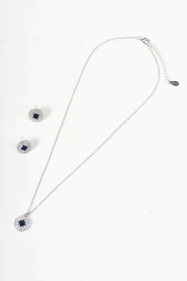 Carraig Donn Silver Dark Blue Gemstone Lozenge Cut Pendant Necklace & Earring Set