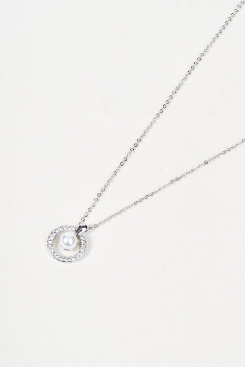 Silver Faux Pearl & Micro Pave Circular Pendant Necklace