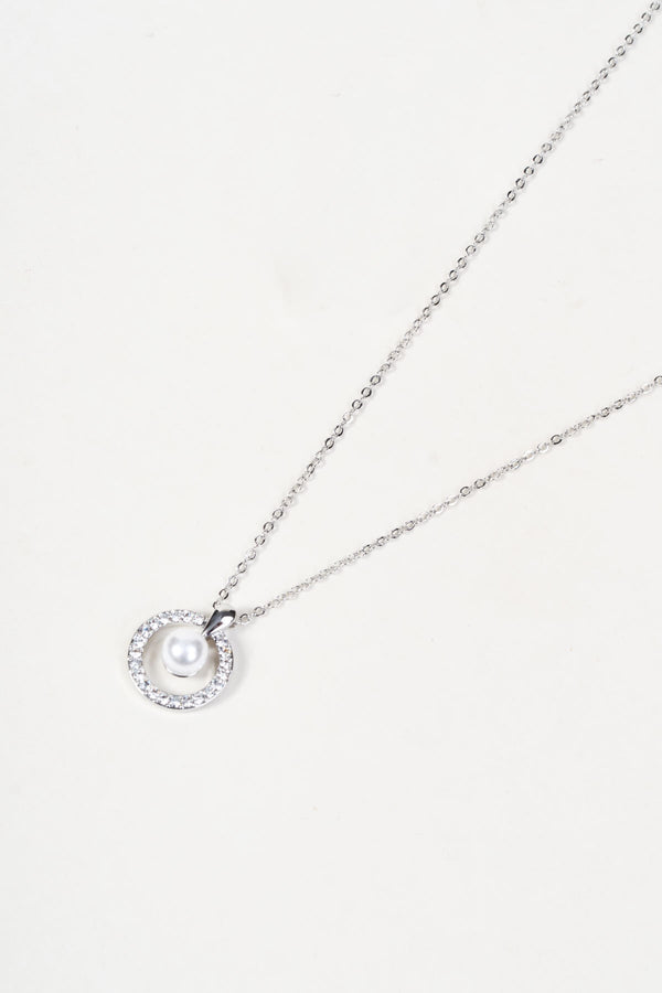 Carraig Donn Silver Faux Pearl & Micro Pave Circular Pendant Necklace